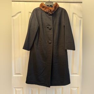 Vintage 1960's Mary Lane Black Wool Mink Collar Long Dress Coat Trench Sz M